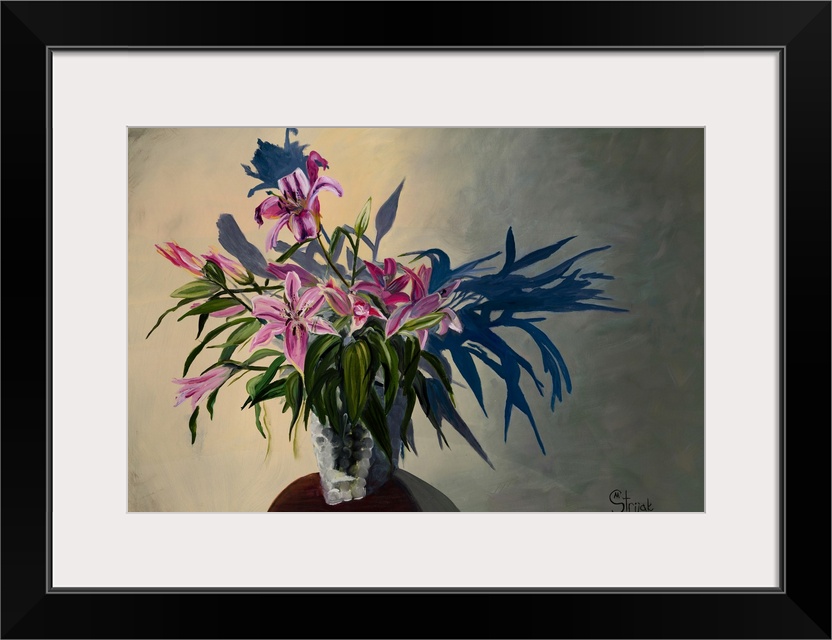 Painting of a bouquet of pink lilies with bulky leaves in a glass vase, throwing a shadow on the wall behind.