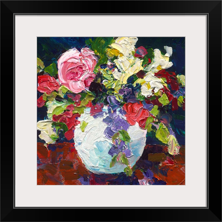 Roses and foliage in a white vase painted with thick textured paint.