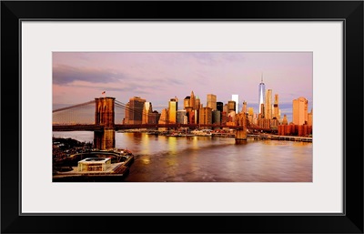 Brooklyn Bridge And Lower Manhattan Panoramic View At Golden Hour