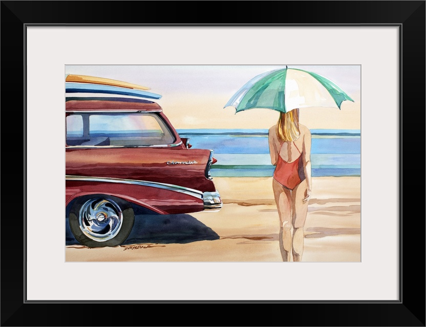 Watercolor of a '56 Chevy at the shoreline.