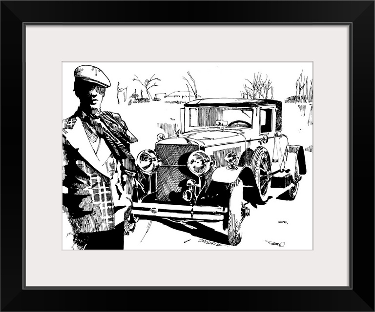 Black and white illustration of a vintage car with a driver in the foreground.