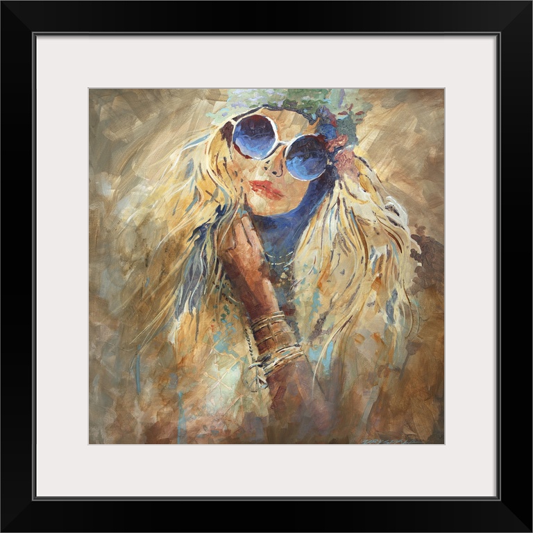 Contemporary painting of a woman in a hat and sunglasses with long blonde hair.