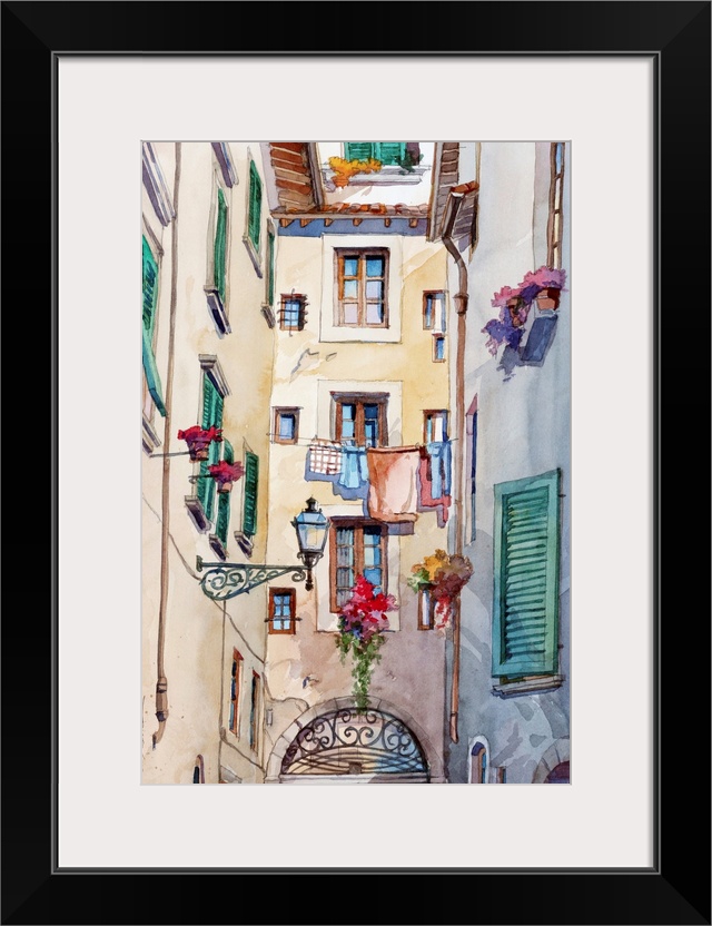 Watercolor painting of an alley way with laundry hanging on a line in Florence, Italy