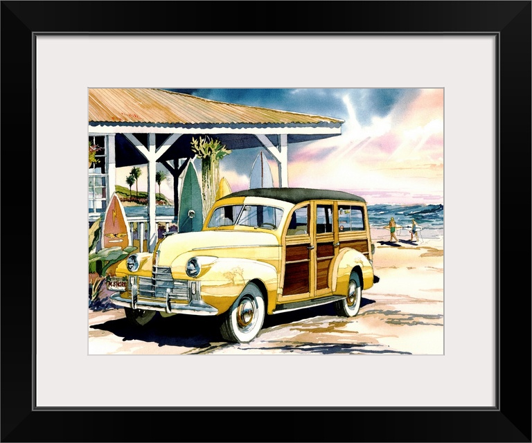 Watercolor of a classic 1940 Oldsmobile woodie surfer wagon on the beach at the North Shore of Oahu, Hawaii.