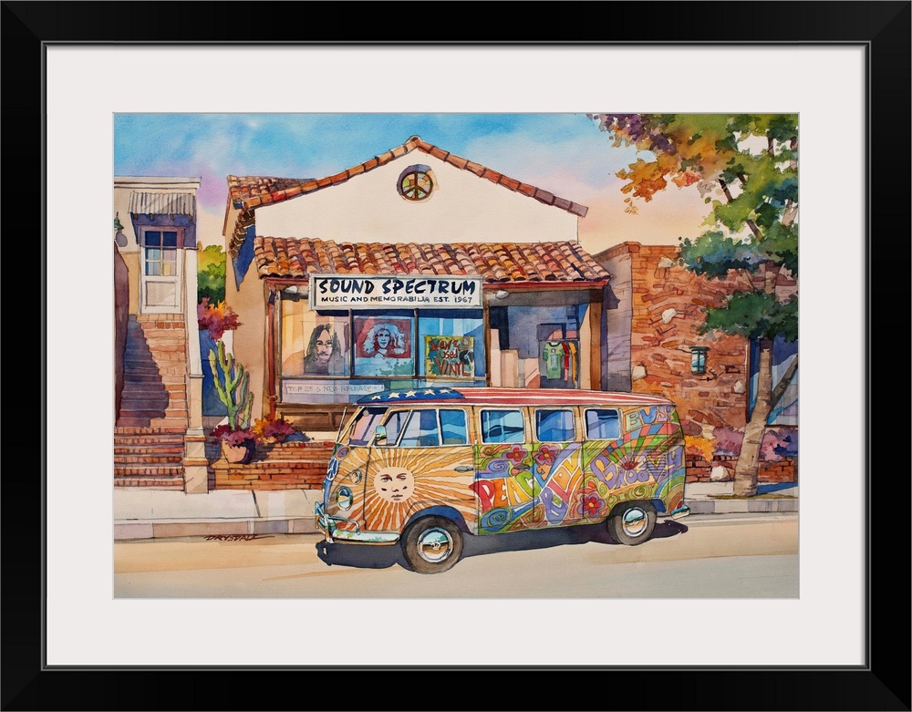 Watercolor painting of a painted VW Bus parked in front of Sound Spectrum music and memorabilia store.