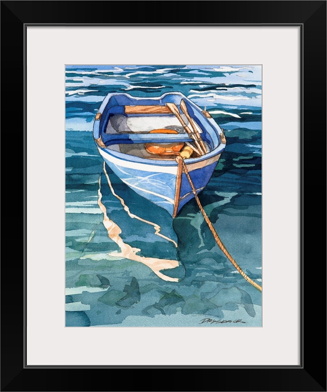 Watercolor painting of a blue and white striped boat on the water in Italy