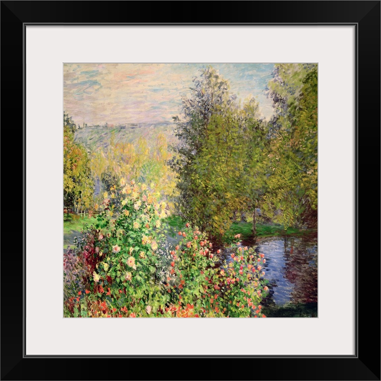 Oil on canvas of a luscious garden with flowers by a river.