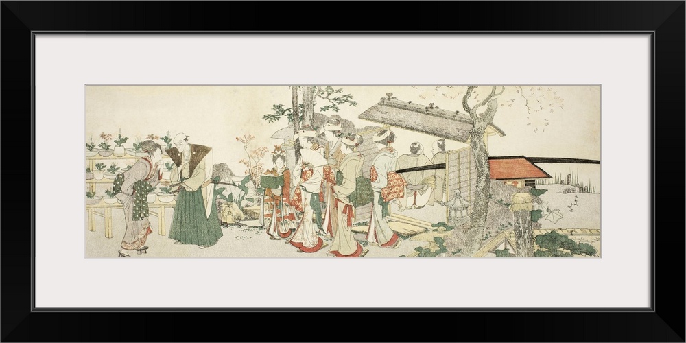 A Group of Young Women Entering the Garden of a Horticulturist, colour woodblock print; surimono.