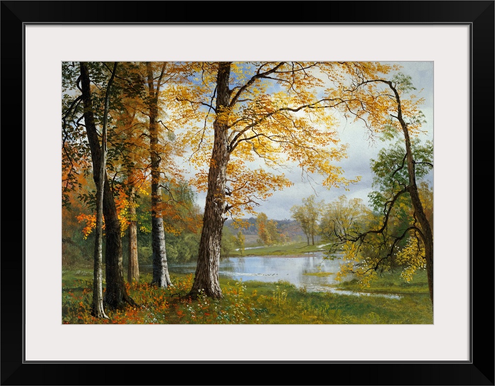 Classic painting of a small wooded grove near a pond, the trees in autumn colors and hills in the distance.