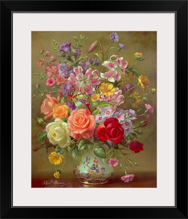 Big, vertical artwork of a large bouquet of a variety of colorful flowers in an ornate vase, on a neutral background.