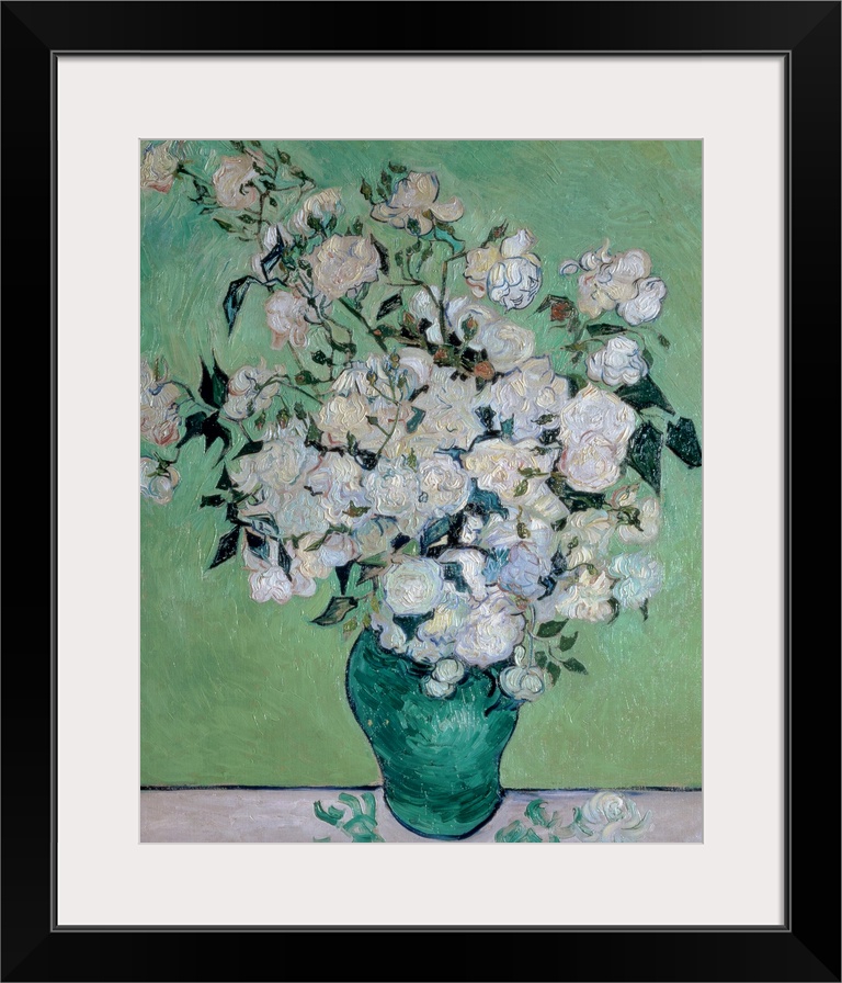 Painting on canvas of flowers in a vase with a few petals on the table it is sitting on.