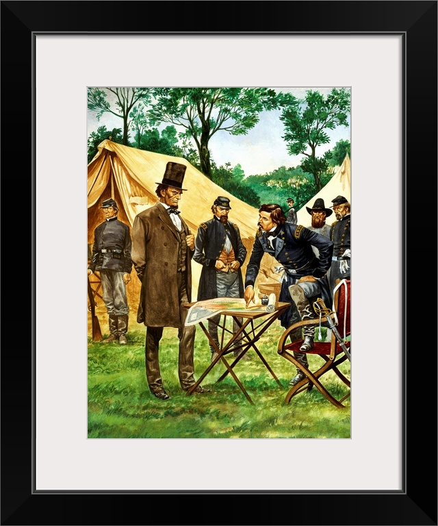 Abraham Lincoln plans his campaign during the American Civil War, his Yankee soldiers in the background.