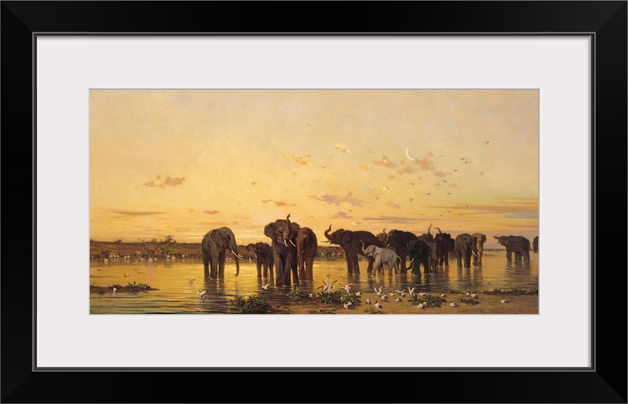 An oil painting of elephants at dusk standing in shallow water with birds scattered throughout the air and on the ground.