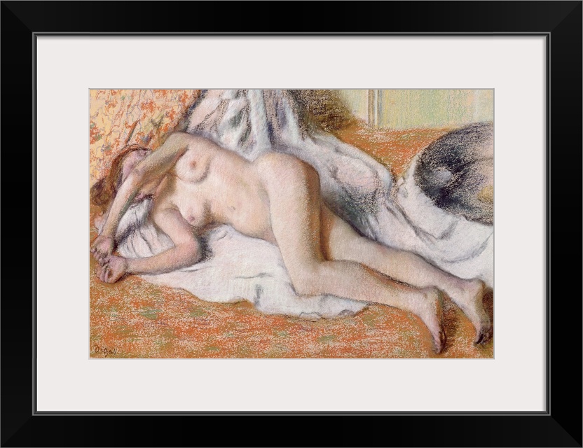 Horizontal, classic artwork on a big canvas of a nude woman lying on her side on a draping white blanket, her arm in front...