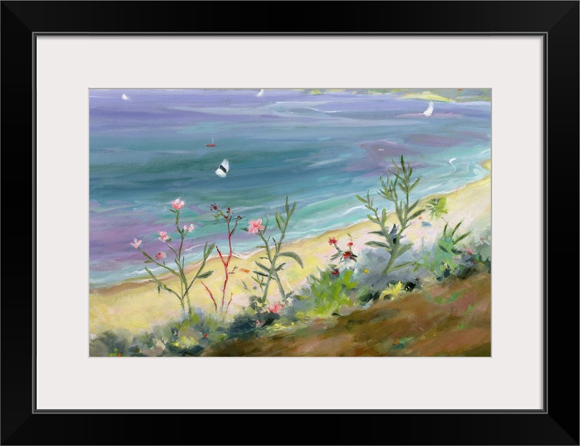 A landscape painting of wildflowers growing along the Grecian shore of a pastel colored sea.