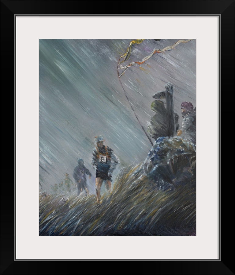 Contemporary painting of soldiers pushing through a wall of rain in a storm.