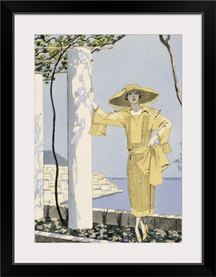 Amalfi, illustration of a woman in a yellow dress by Worth, 1922