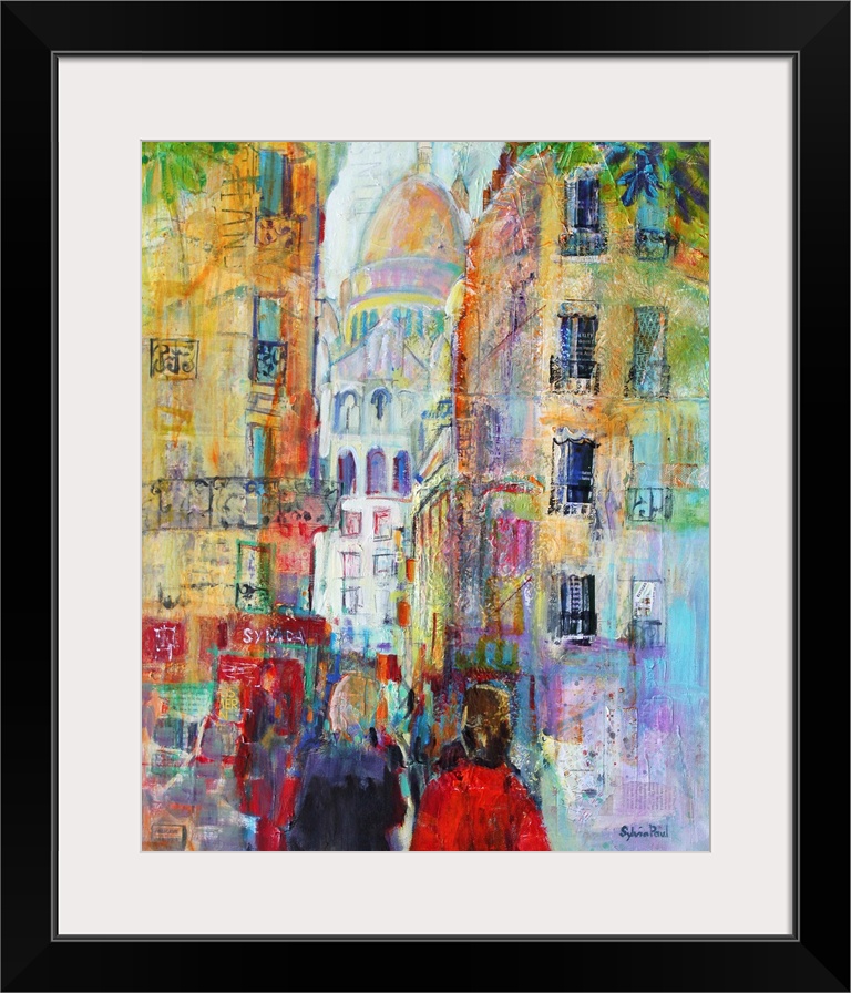 Contemporary painting using bright vivid colors to show a city street scene.
