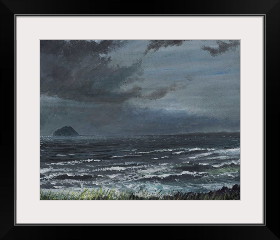 Contemporary painting of an idyllic seascape under stormy clouds.