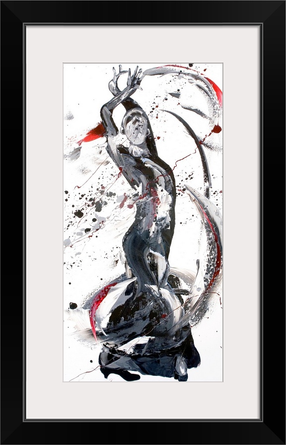 Contemporary painting using black and gray colors to create a woman dancing against a white background.