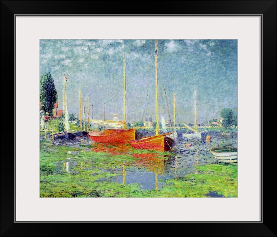 Oversized, horizontal, classic painting of numerous boats floating in calm waters of blue and green, beneath a sky with sm...