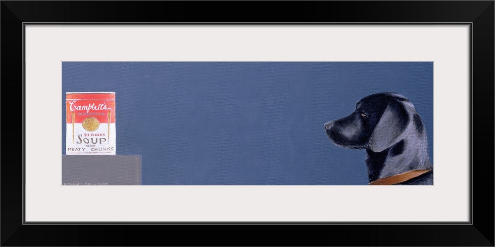 Panoramic contemporary art showcases a Labrador as it stares at a can of Campbell's soup.  The dog is wearing a collar and...
