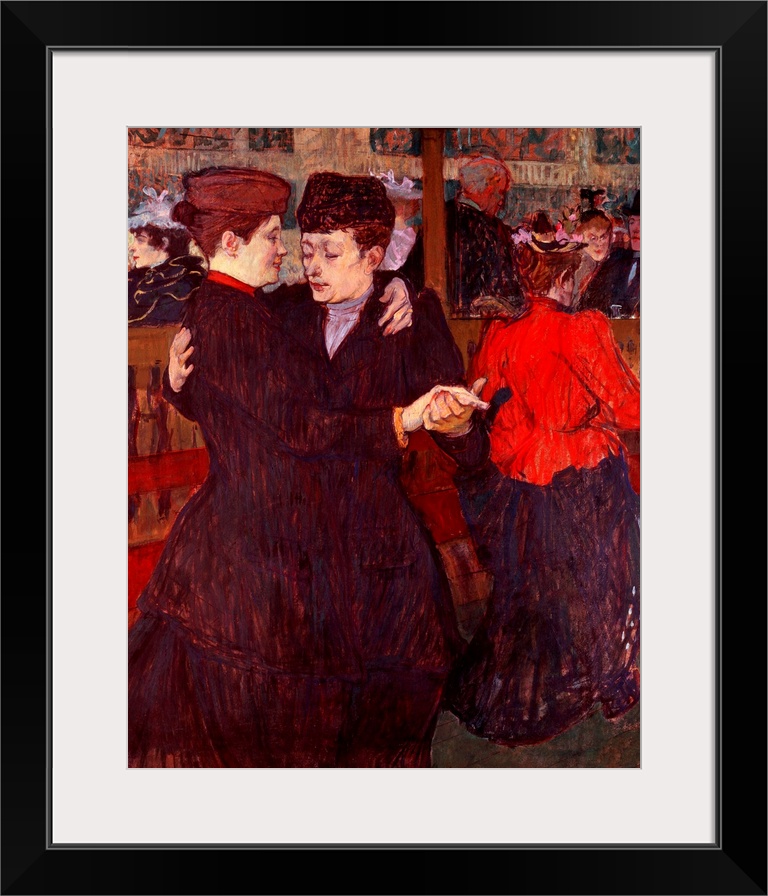 Oil painting of a couple dancing with a balcony of people in the background.