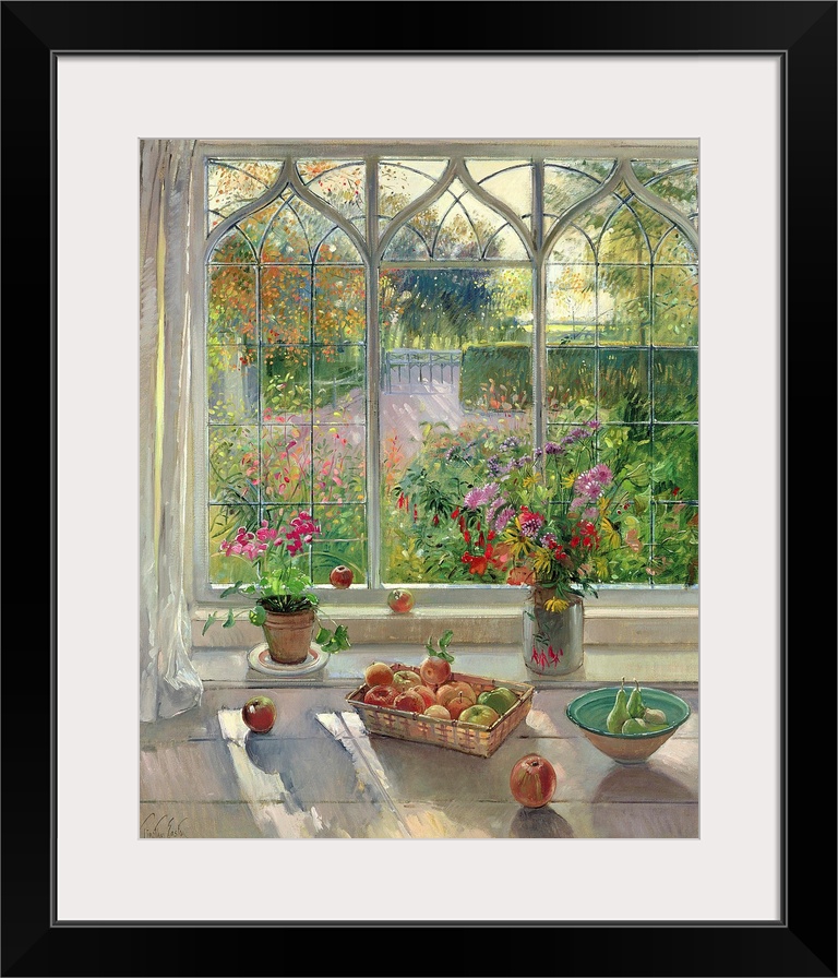 This large painting has fruit baskets and flower pots sitting on a window sill that looks out over a garden.