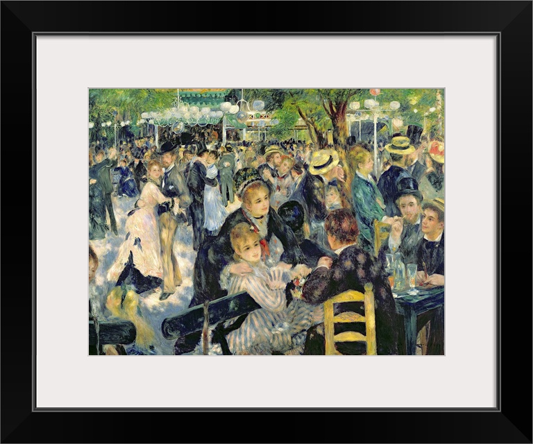 Big classic art depicts a large group of well dressed individuals dancing and relaxing in a park on a sunny day.