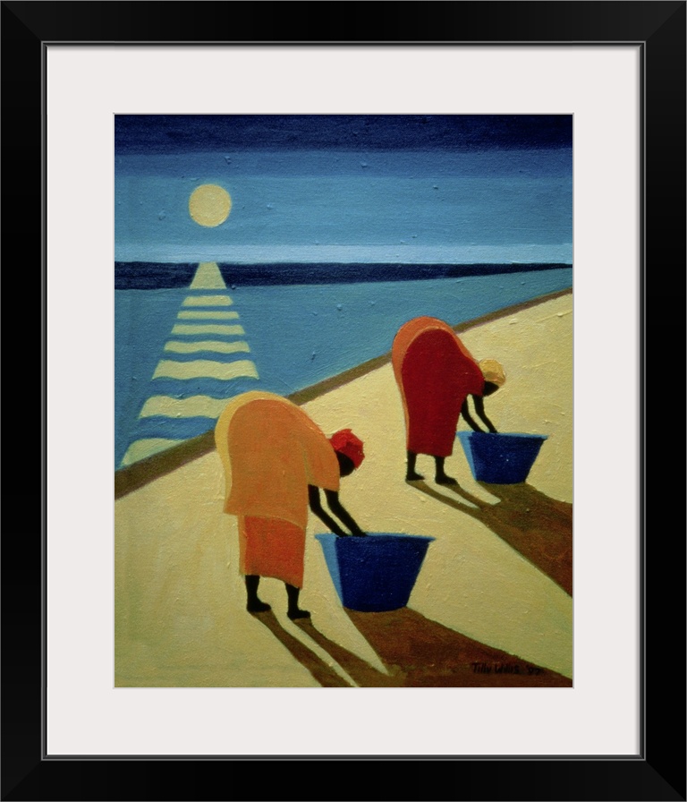 This vertical painting uses a flat and graphic style to depict the scene of two black women bent over wash tubs on a beach...