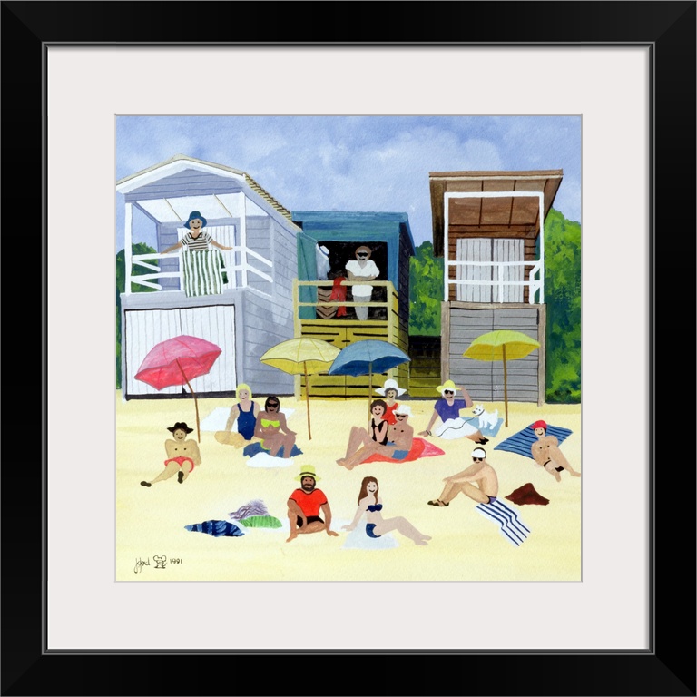 Contemporary painting of people relaxing on the sandy beach.