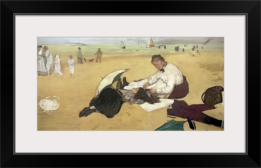A classic piece of artwork that is a beach scene with people in the water and walking near it. The focus is on a woman as ...