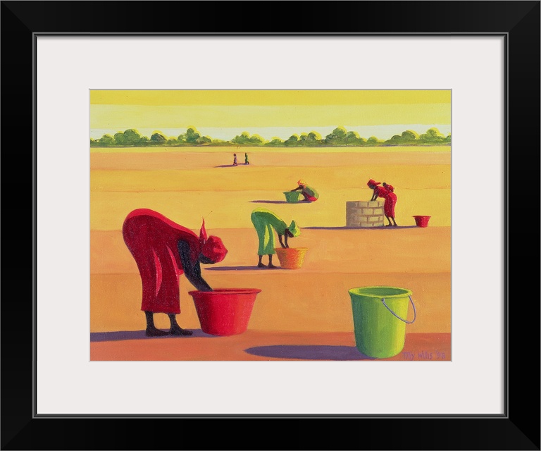 Large artwork showing women filling buckets with water in an open desert field.