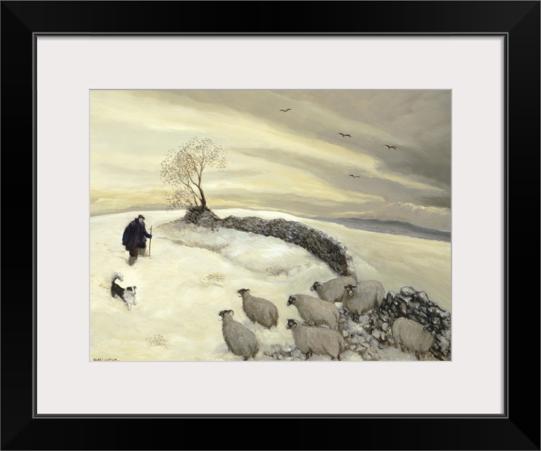 Contemporary painting of shepherds working outside in the winter.