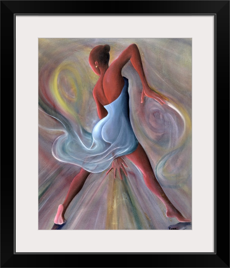 Giclee print of an oil painting of an African-American woman dancing and surrounded by swirls of color.