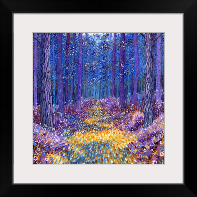 Contemporary painting of a forest scene with everything in colorful and ornate designs.