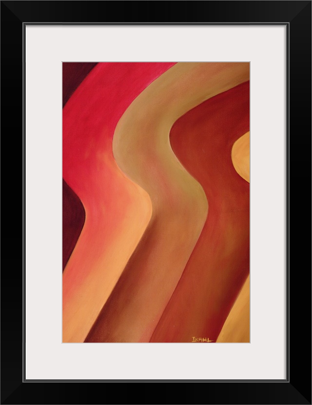 Large abstract art composed of thick diagonal earth toned lines that incorporate a single ripple in their structure as the...
