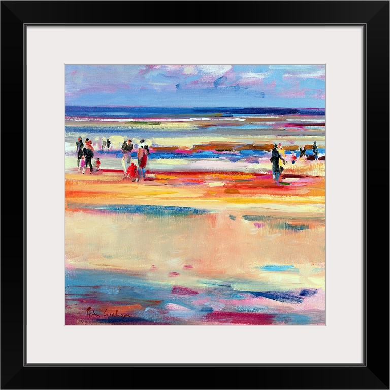 This contemporary abstract painting shows beach goers strolling up and down the shore of the seascape scene.