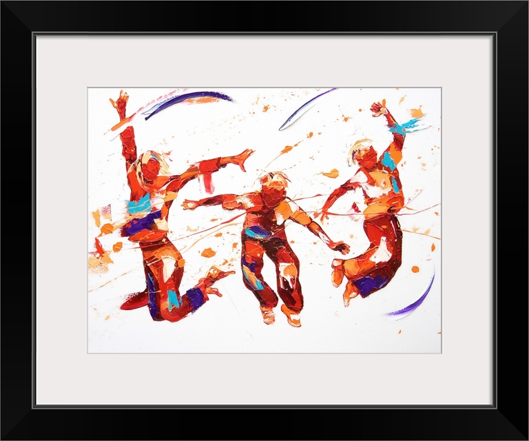 Contemporary painting of figures leaping into the air and dancing.