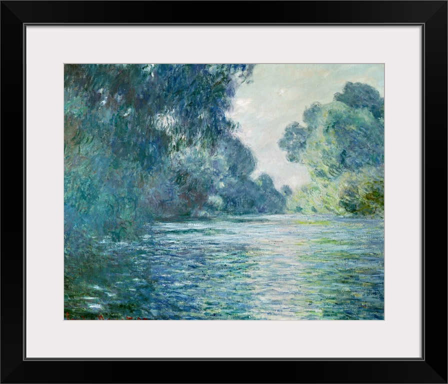 Oil painting of river with large trees and bushes on both sides that are reflected in the stream of water.