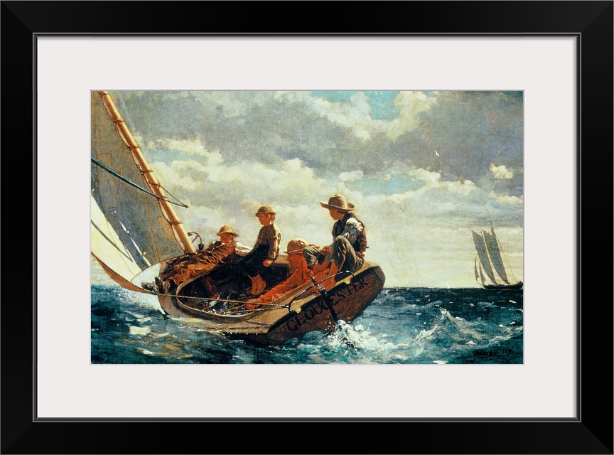Horizontal, large classic art painting of four people on a sailboat that is nearly tipping into rough waters, beneath a gr...