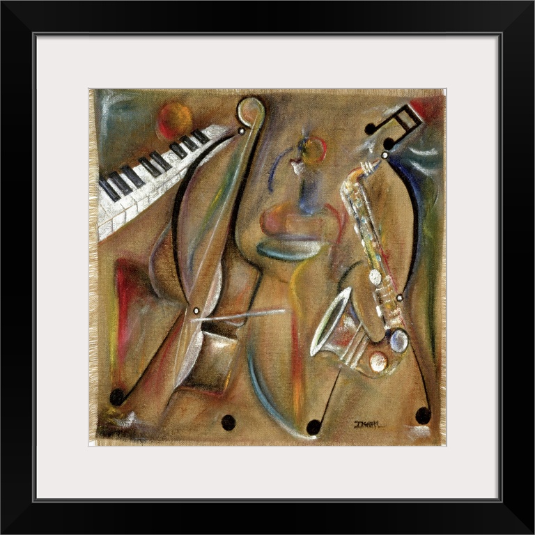 Contemporary painting of multicolored musical instruments with a burlap texture.