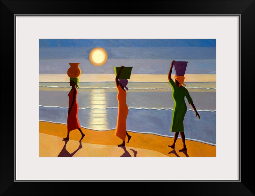 Large, horizontal oil painting of three women in dresses carrying baskets on their heads along a shoreline, beneath the se...