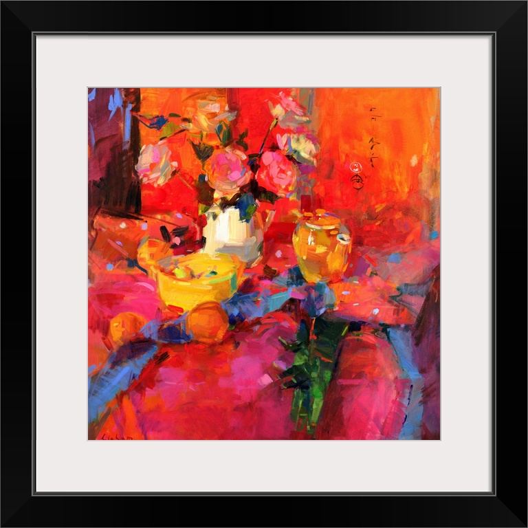 A contemporary painting that uses vibrant colors to paint a vase of flowers and fruit sitting on top of a table.