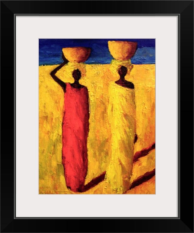 Contemporary oil painting of two African women walking while balancing bowls on their heads.