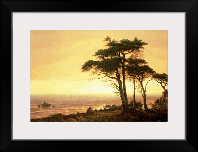 This classic piece of artwork has a large tree that grows near the ocean coast with a sunset painted in the distance.
