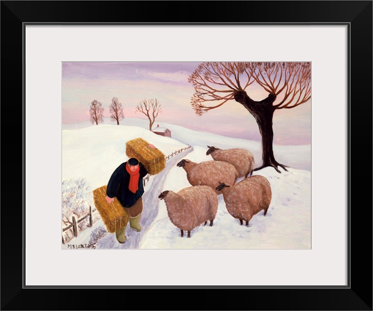 Contemporary painting of a farmer tending to his flock of sheep in the winter.