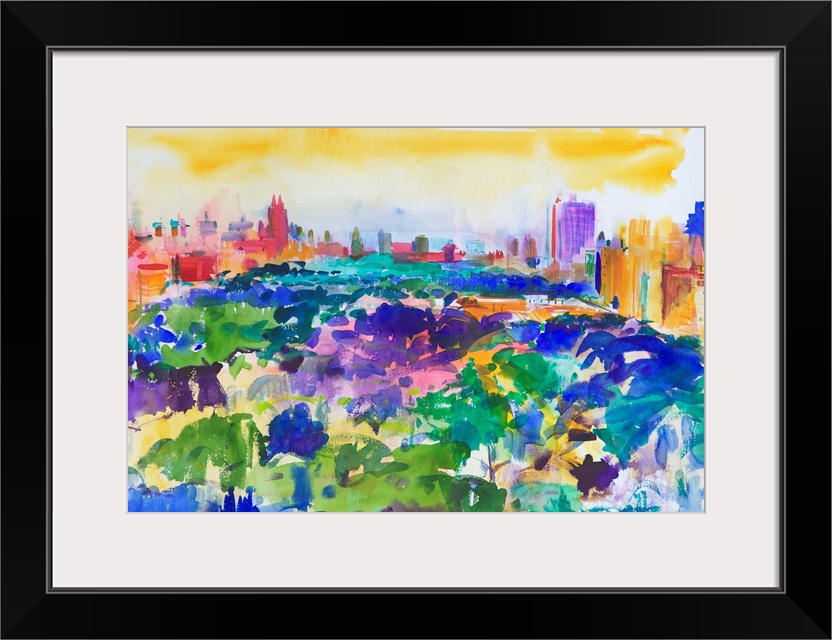 Contemporary abstract painting of Central Park with vibrant water colors.