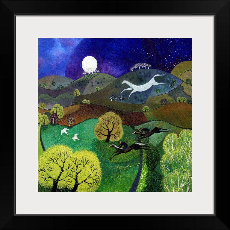 Contemporary painting of the countryside at night with a large white chalk horse on one of the hills.