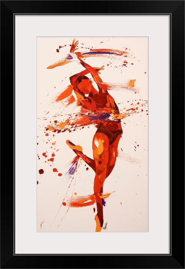 Contemporary painting using deep warm tones to create a dancing figure against a tan background.